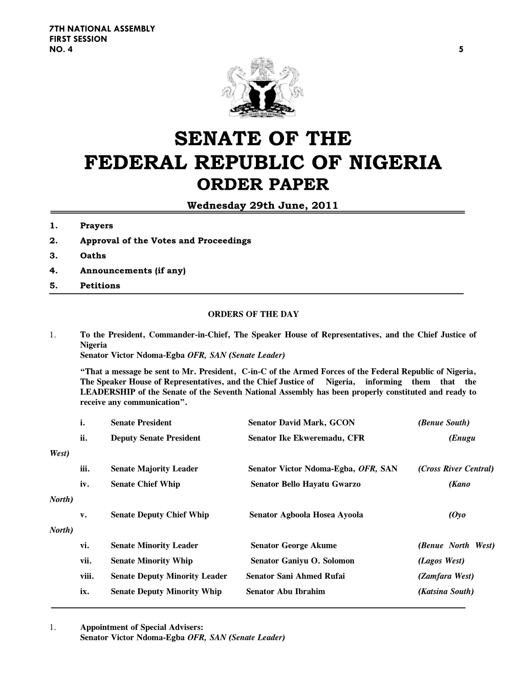 Senate of the Federal Republic of Nigeria Order Paper