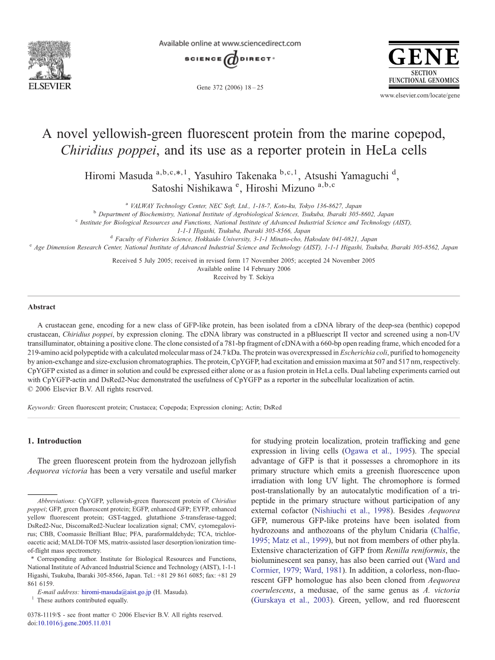 A Novel Yellowish-Green Fluorescent Protein from the Marine Copepod