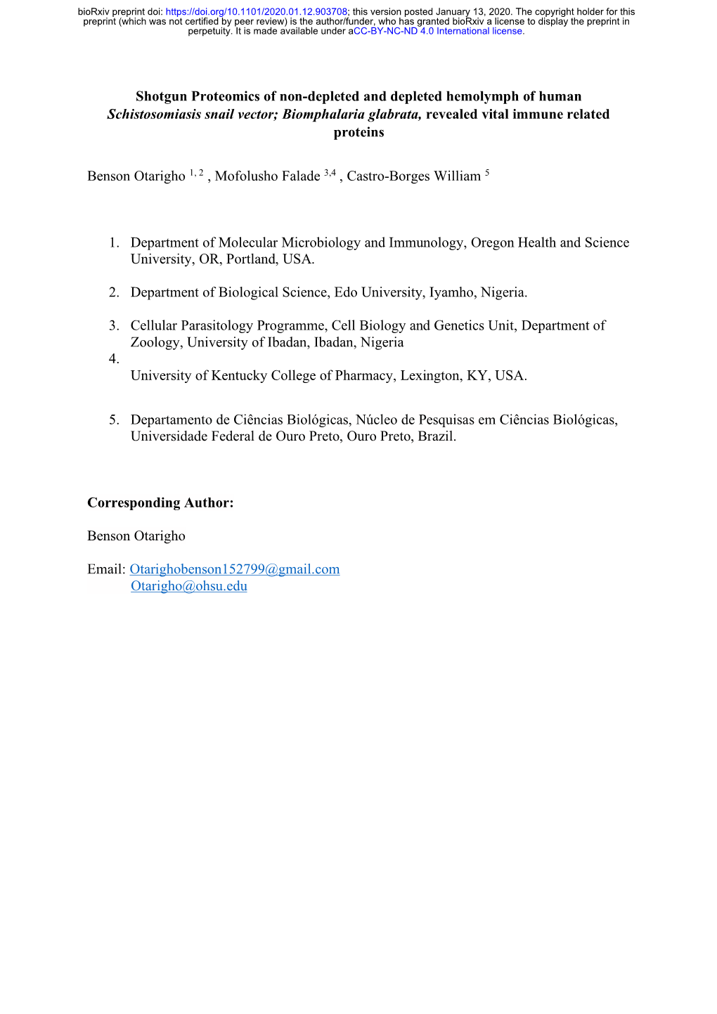 Shotgun Proteomics of Non-Depleted and Depleted Hemolymph of Human Schistosomiasis Snail Vector; Biomphalaria Glabrata, Revealed Vital Immune Related Proteins