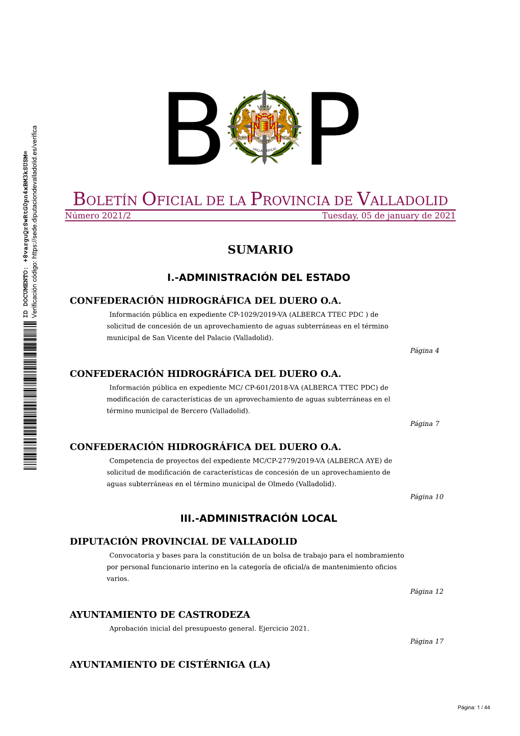 BOLETÍN OFICIAL DE LA PROVINCIA DE VALLADOLID Número 2021/2 Tuesday, 05 De January De 2021