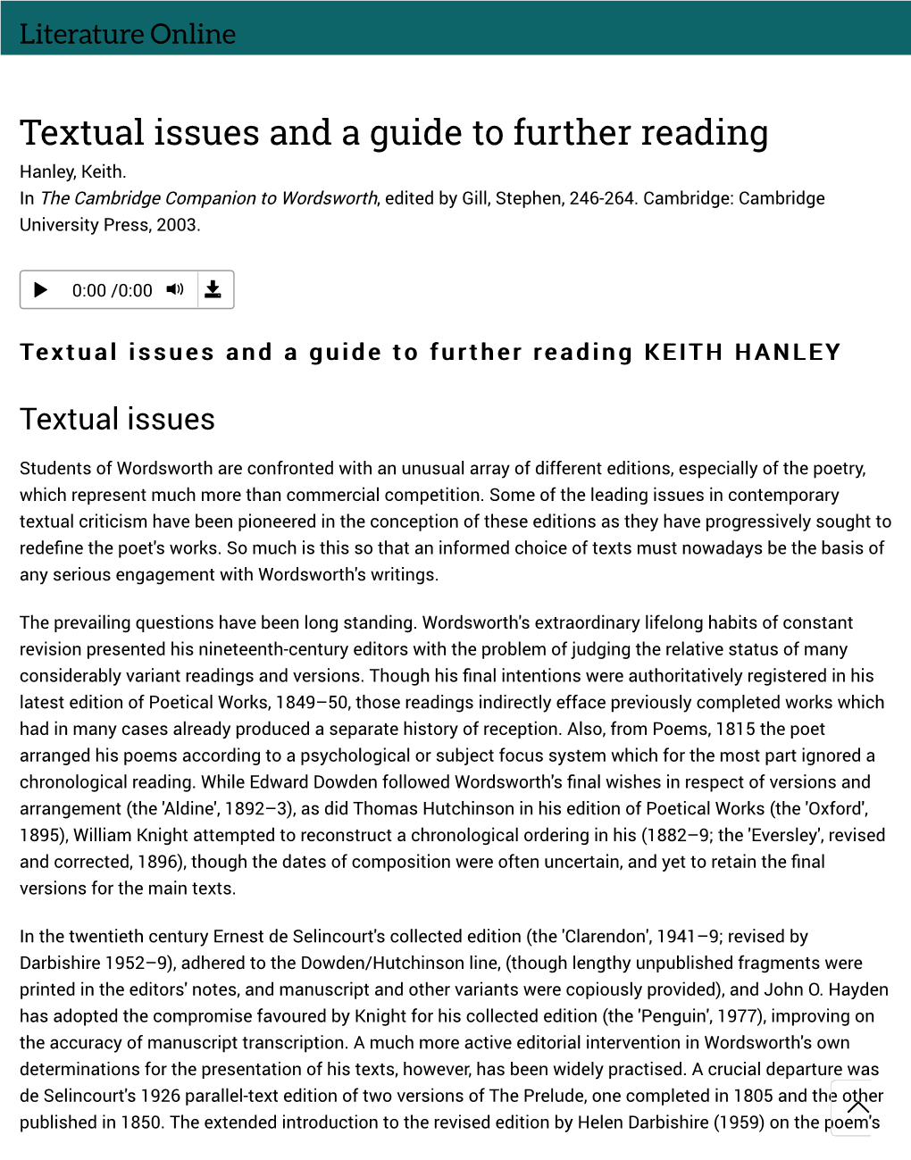 Textual Issues and a Guide to Further Reading Hanley, Keith