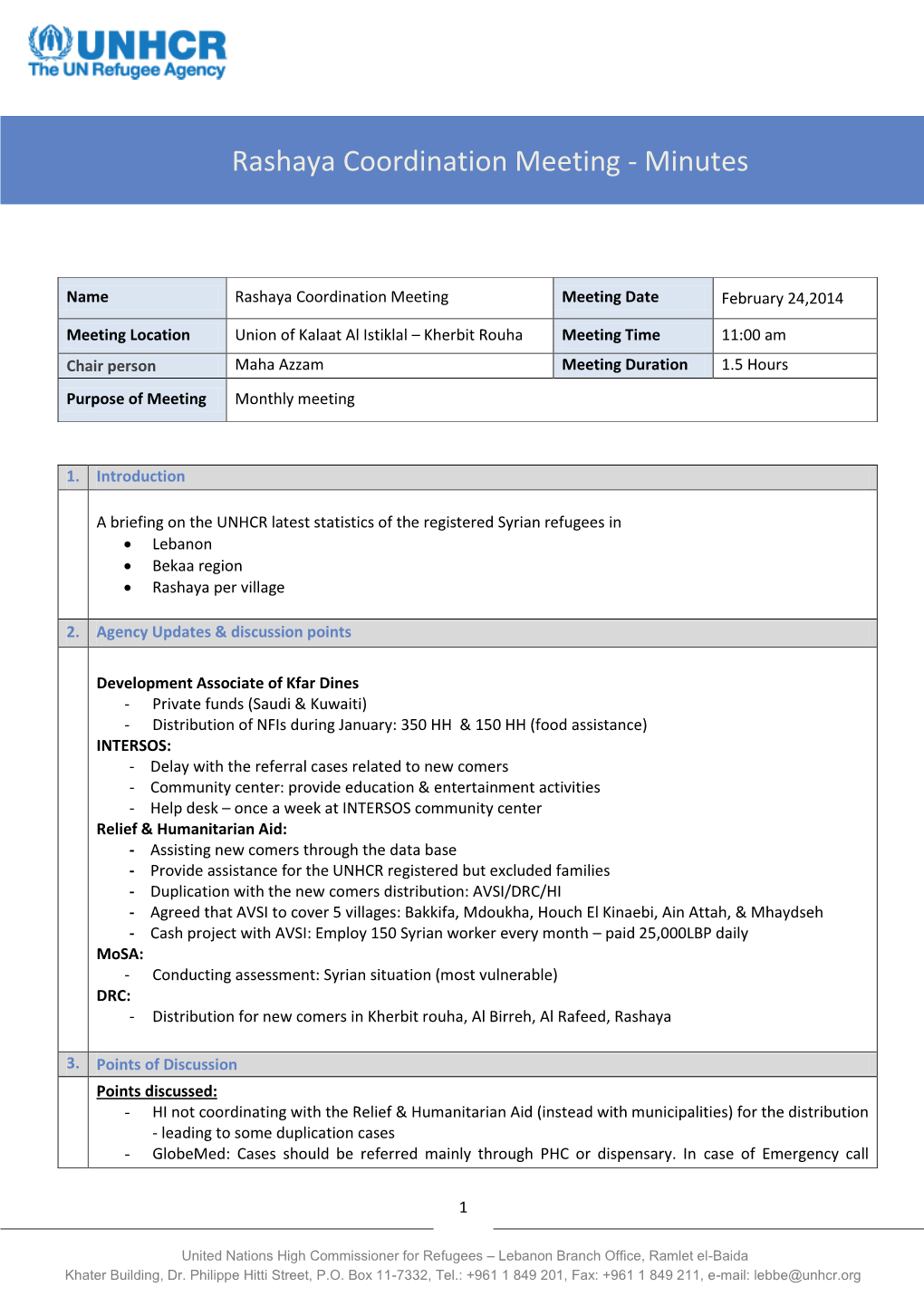 Rashaya Coordination Meeting - Minutes