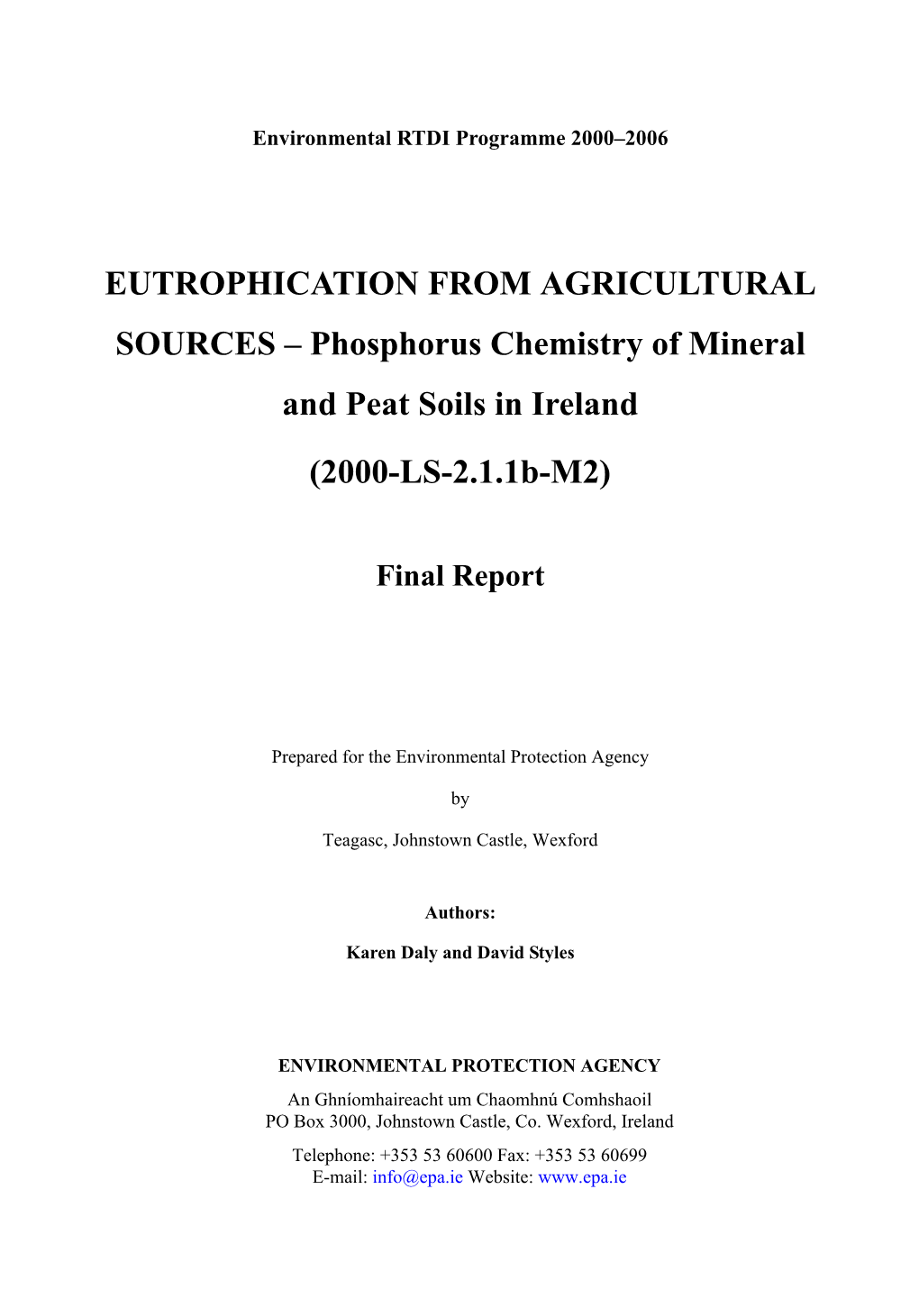 Phosphorus Chemistry of Mineral and Peat Soils in Ireland (2000-LS-2.1