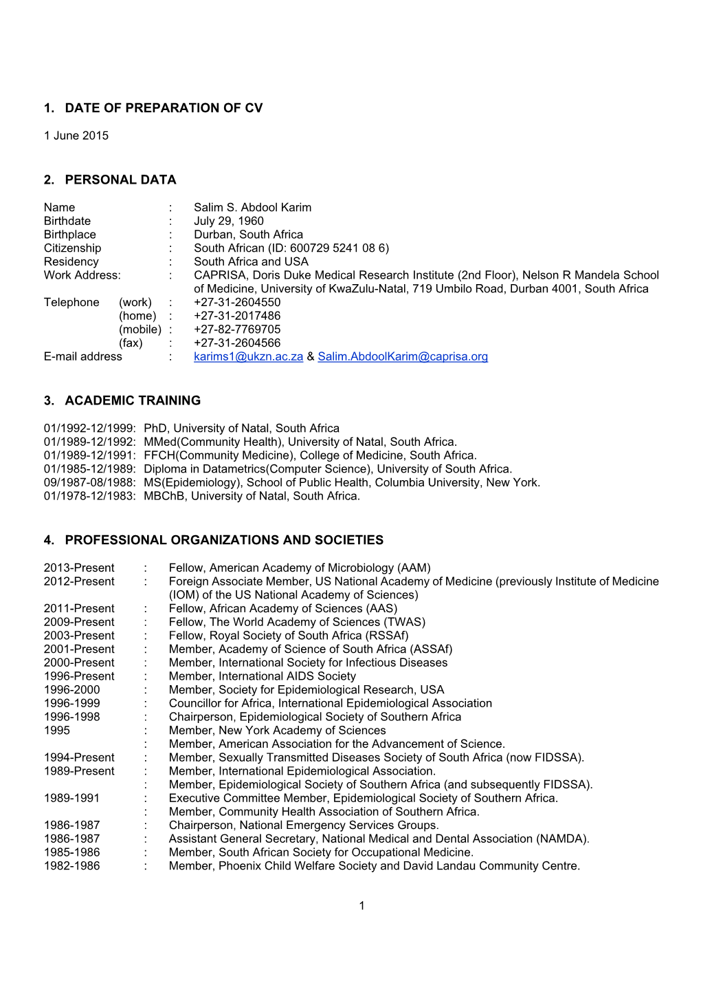 1. Date of Preparation of Cv