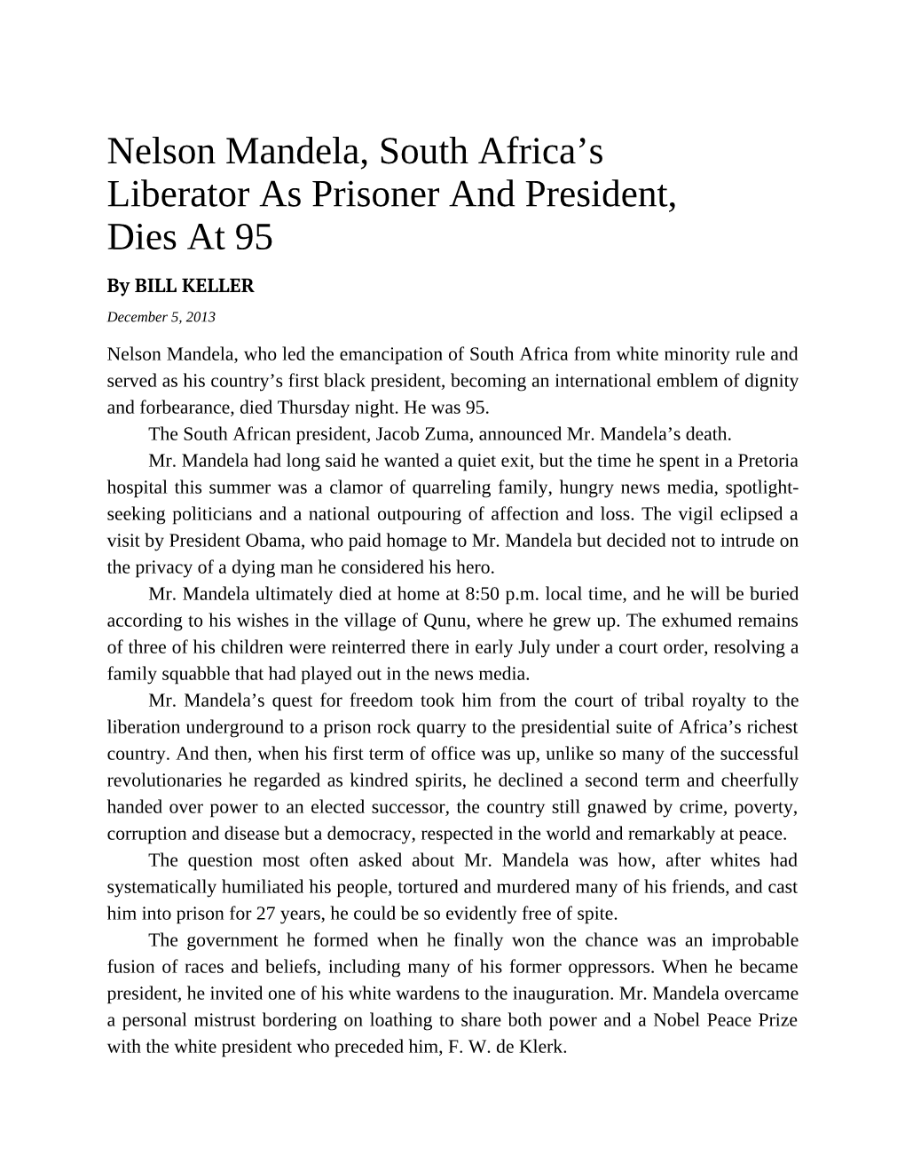 Nelson Mandela, South Africa's Liberator As Prisoner and President