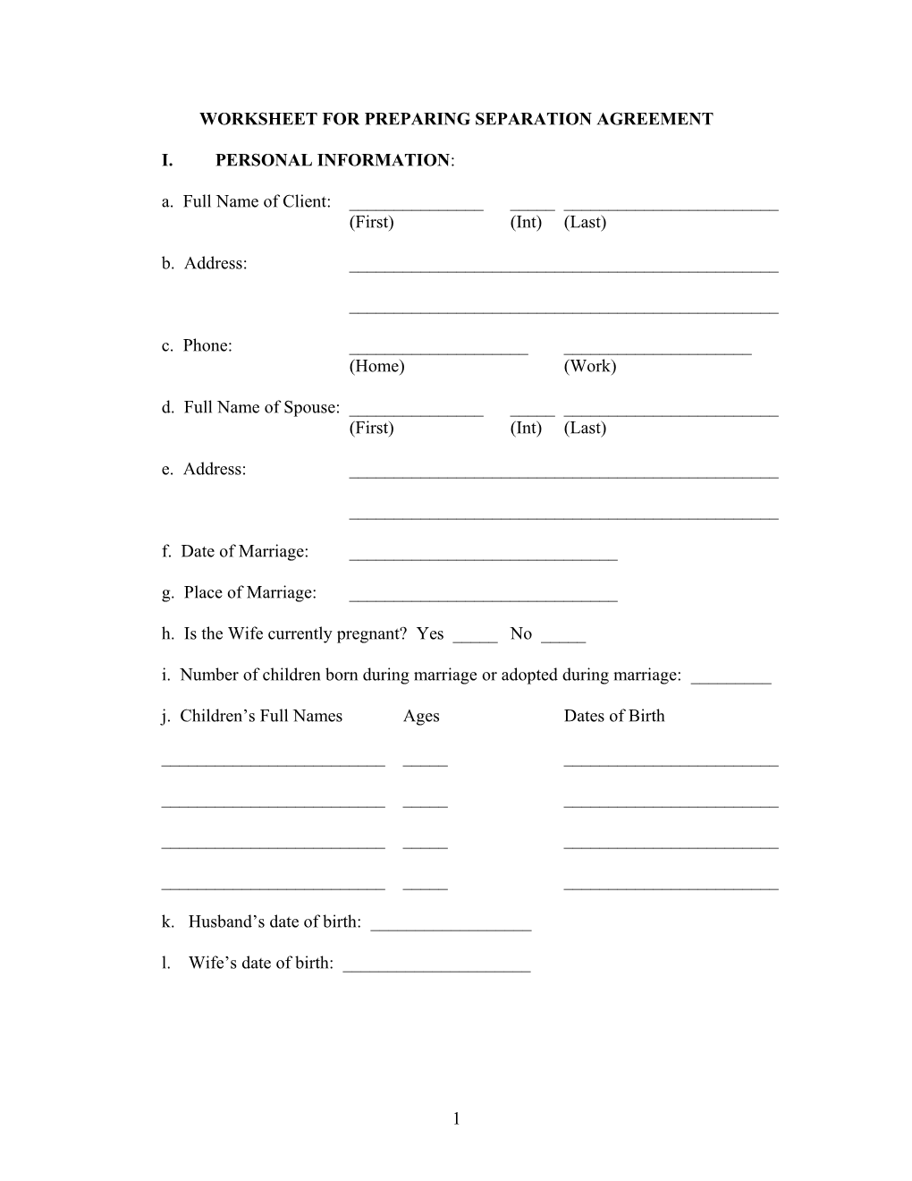 Clerk’S Worksheet For Preparing Separation Agreement