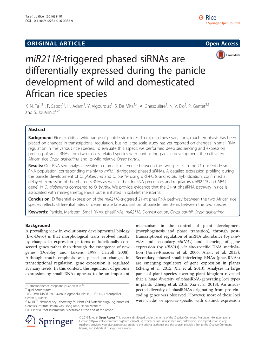 Mir2118-Triggered Phased Sirnas Are Differentially Expressed During the Panicle Development of Wild and Domesticated African Rice Species K