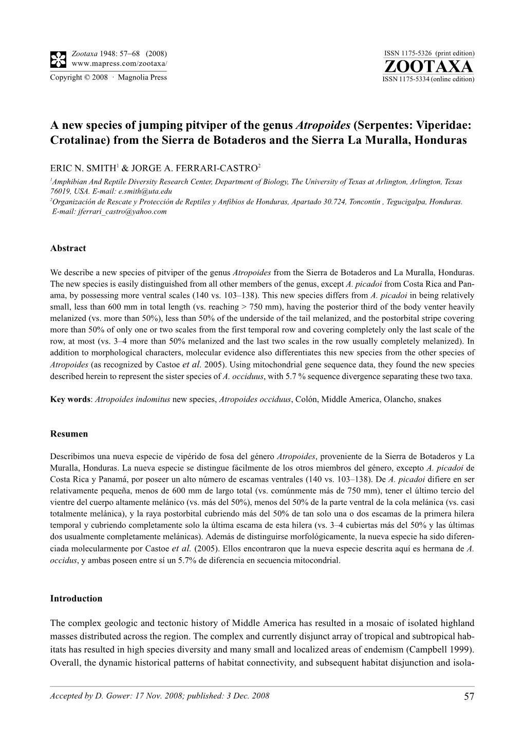 Zootaxa, a New Species of Jumping Pitviper of the Genus Atropoides