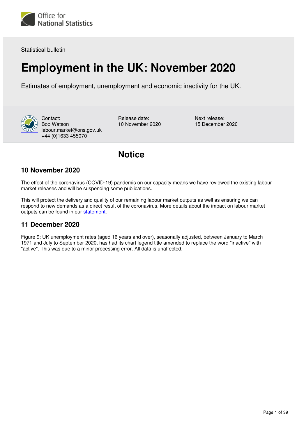 Employment in the UK: November 2020