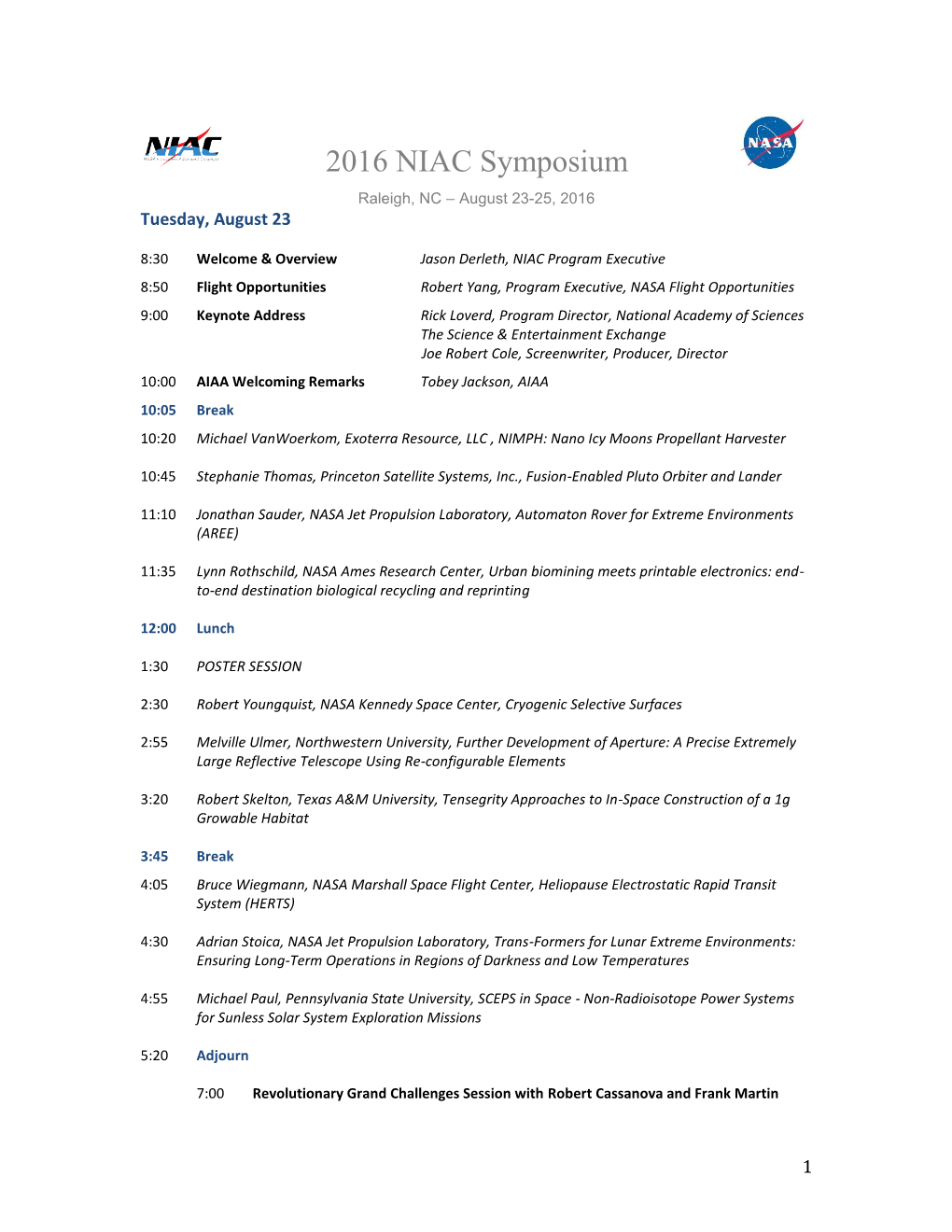 2016 NIAC Symposium Agenda