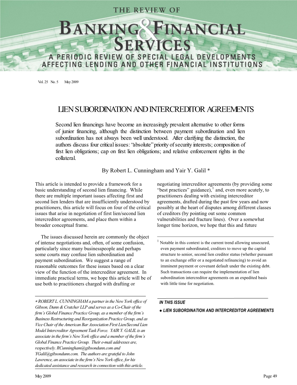 Lien Subordination and Intercreditor Agreements