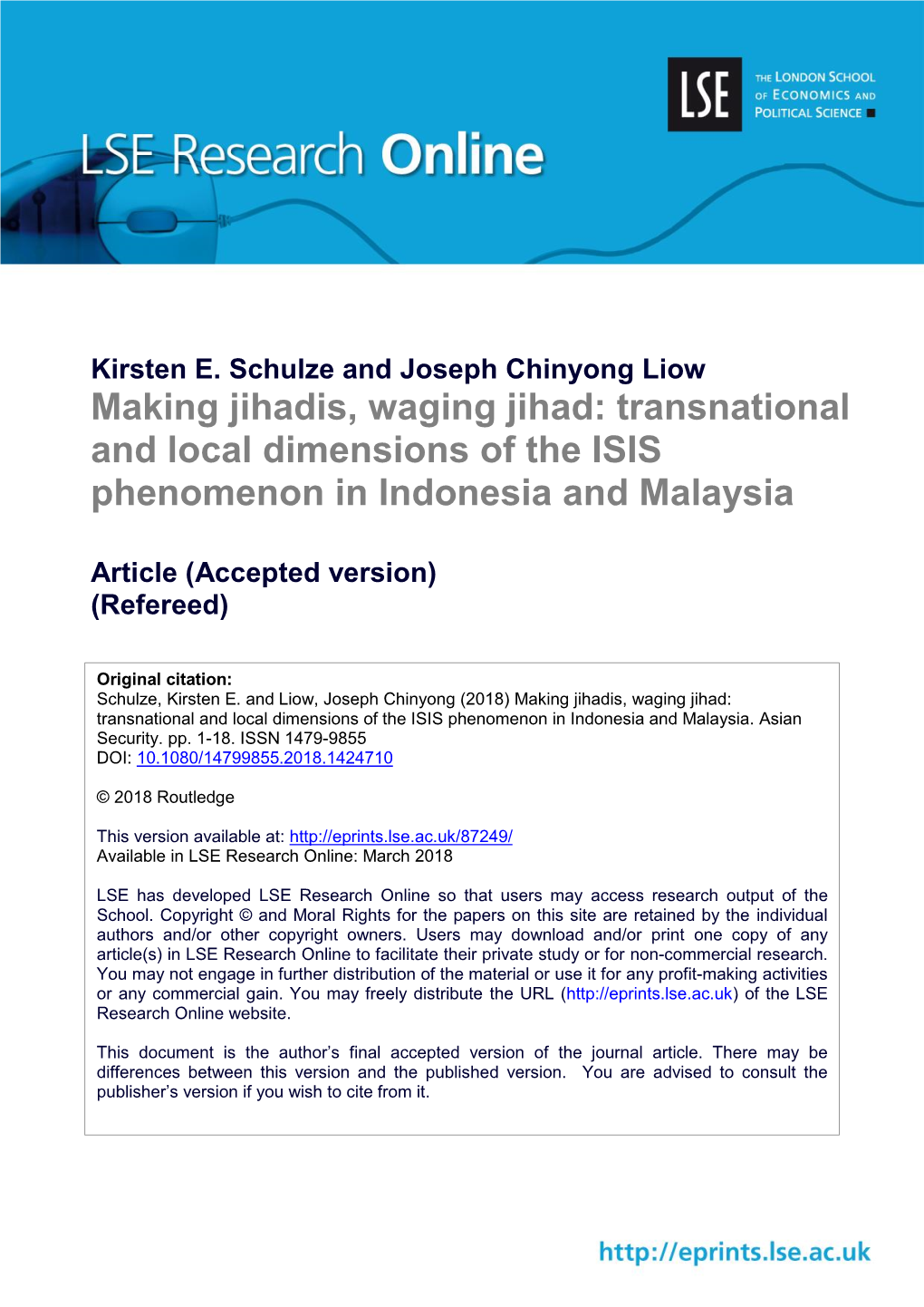 Making Jihadis, Waging Jihad: Transnational and Local Dimensions of the ISIS Phenomenon in Indonesia and Malaysia