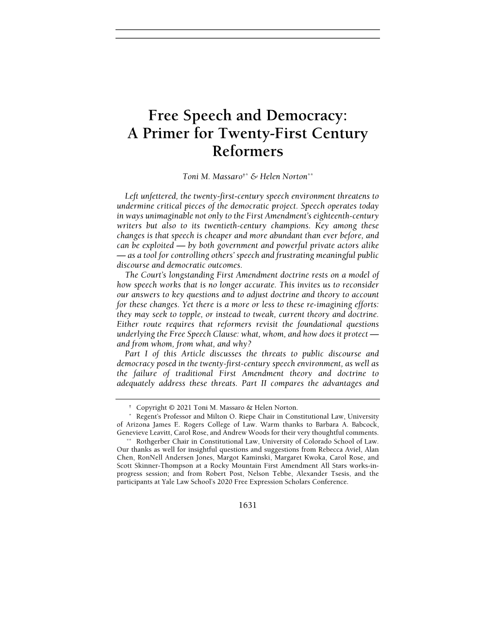 Free Speech and Democracy: a Primer for Twenty-First Century Reformers