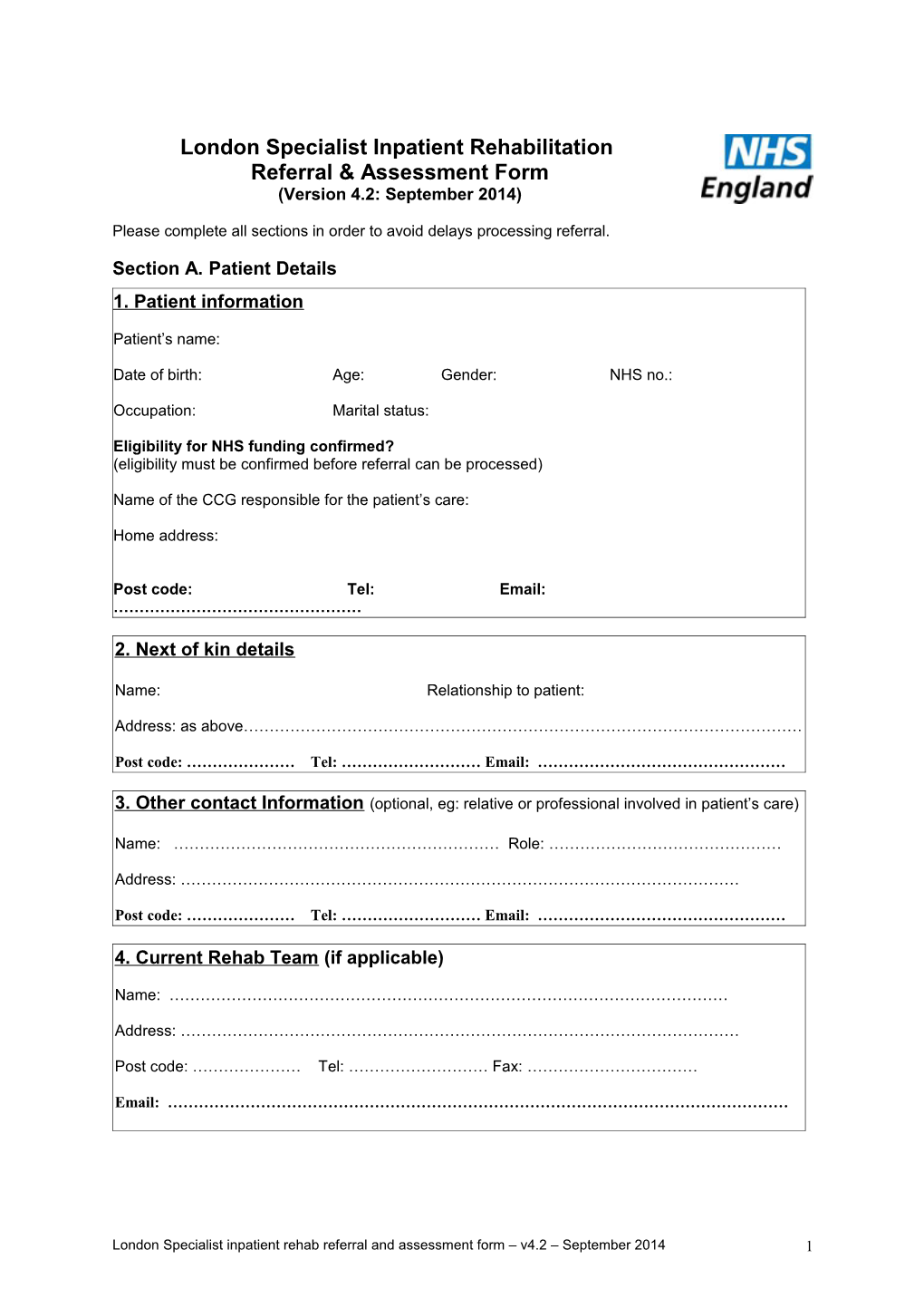 London Specialist Inpatient Rehabilitation Referral Form