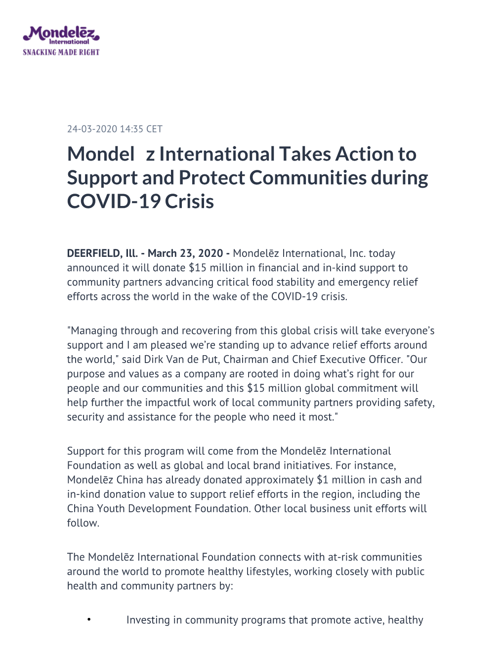 Mondelēz International Takes Action to Support and Protect Communities During COVID-19 Crisis