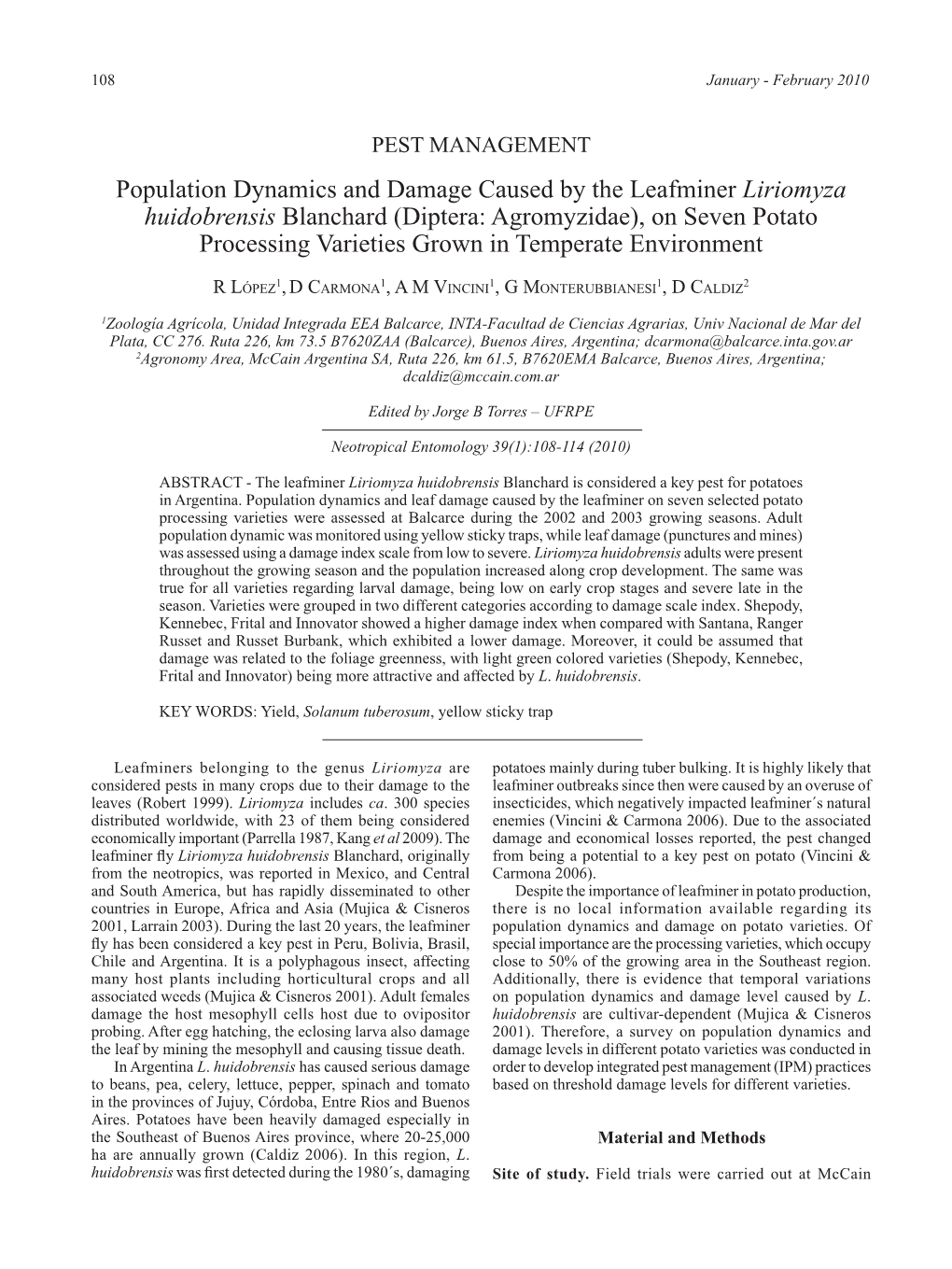 Diptera: Agromyzidae), on Seven Potato Processing Varieties Grown in Temperate Environment