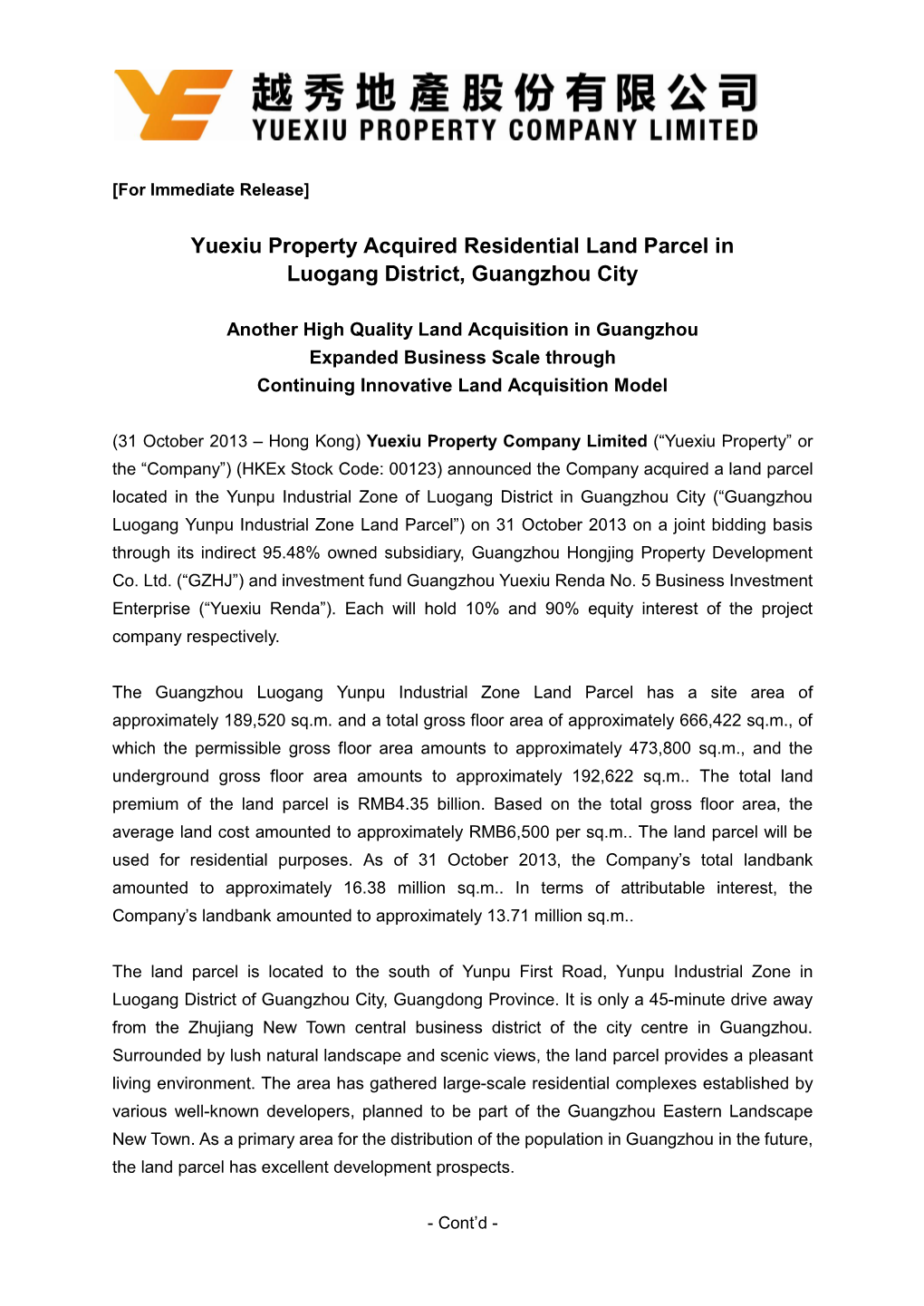Yuexiu Property Acquired Residential Land Parcel in Luogang District, Guangzhou City