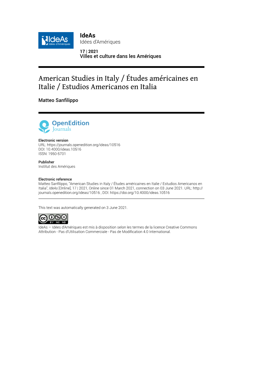 American Studies in Italy / Études Américaines En Italie / Estudios Americanos En Italia