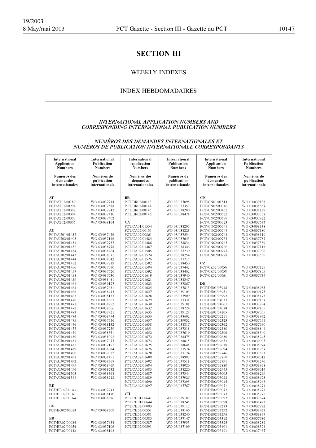 PCT Gazette, Weekly Issue No. 19, 2003