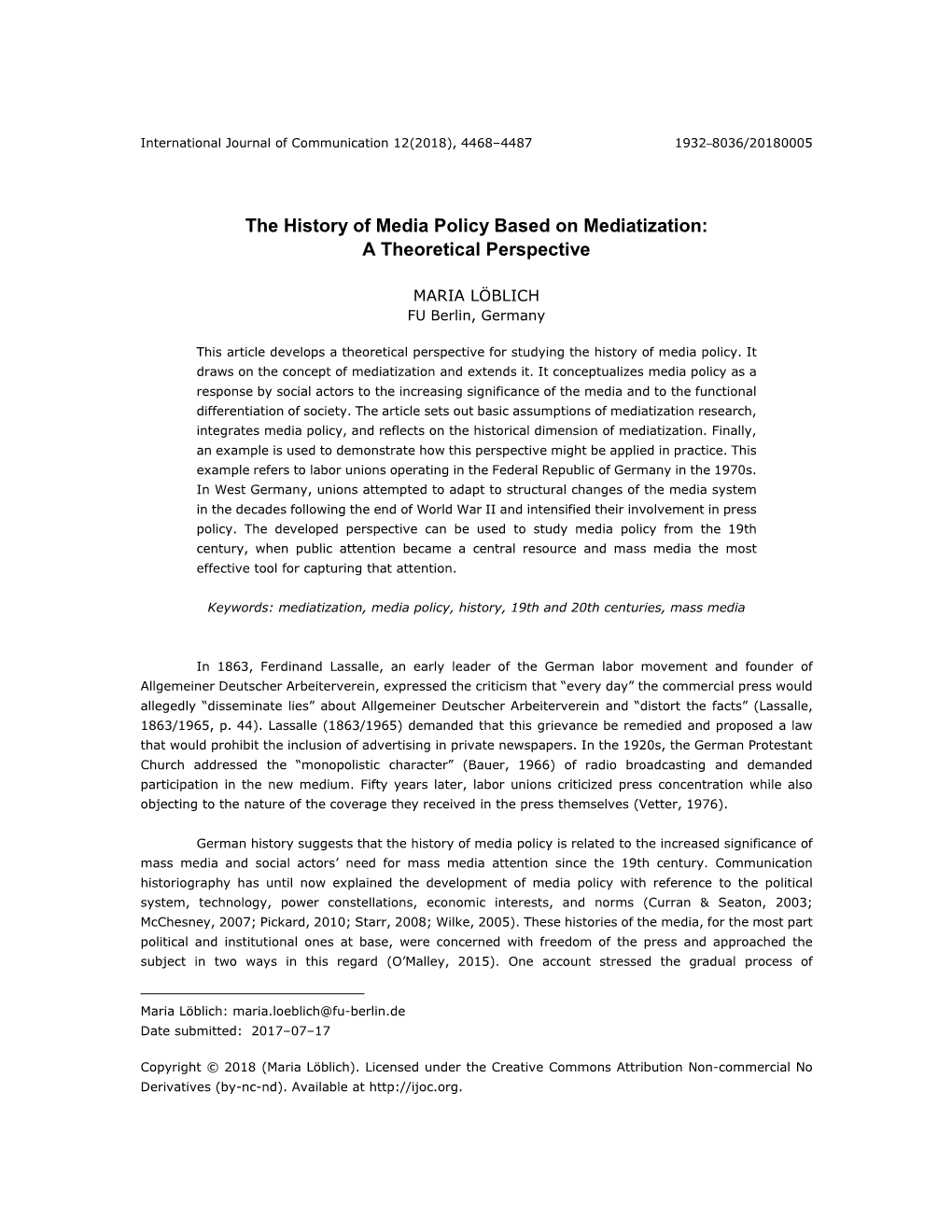 The History of Media Policy Based on Mediatization: a Theoretical Perspective
