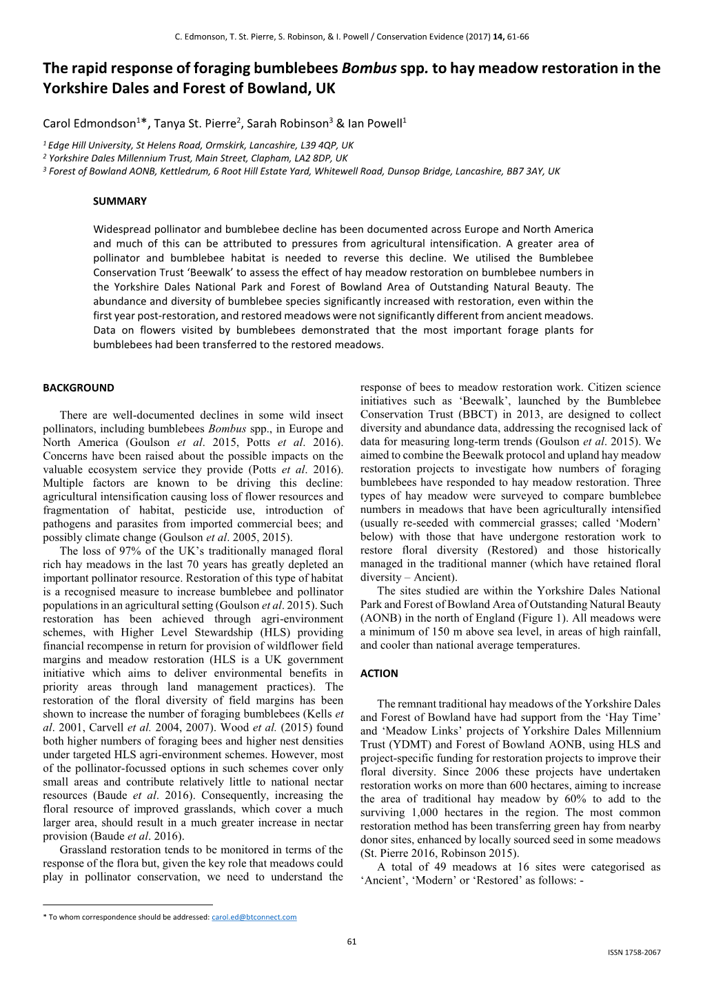 The Rapid Response of Foraging Bumblebees Bombus Spp. to Hay Meadow Restoration in the Yorkshire Dales and Forest of Bowland, UK