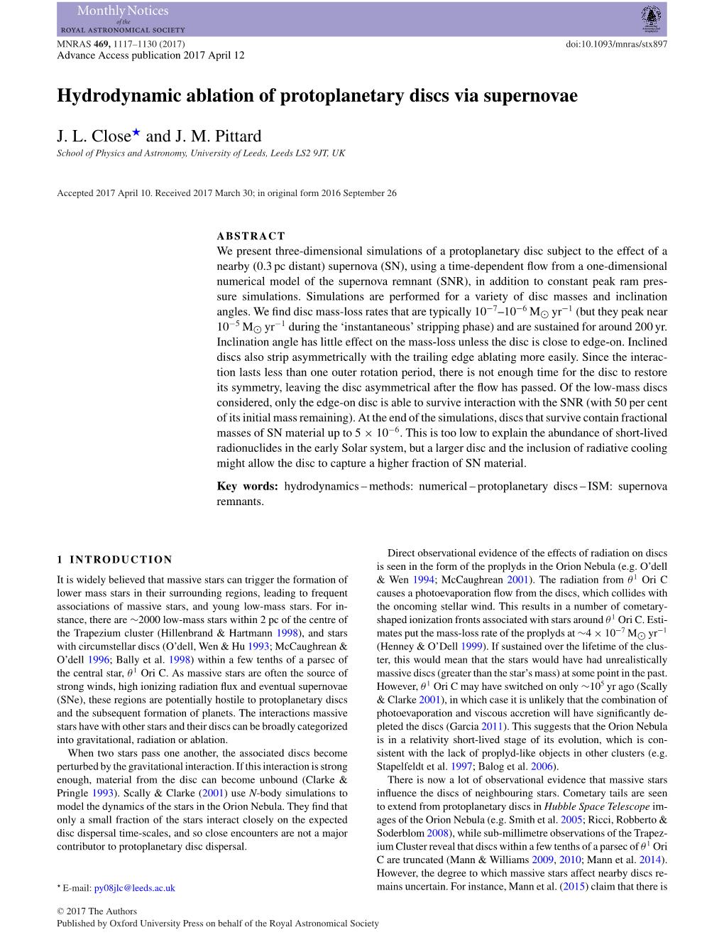 Hydrodynamic Ablation of Protoplanetary Discs Via Supernovae