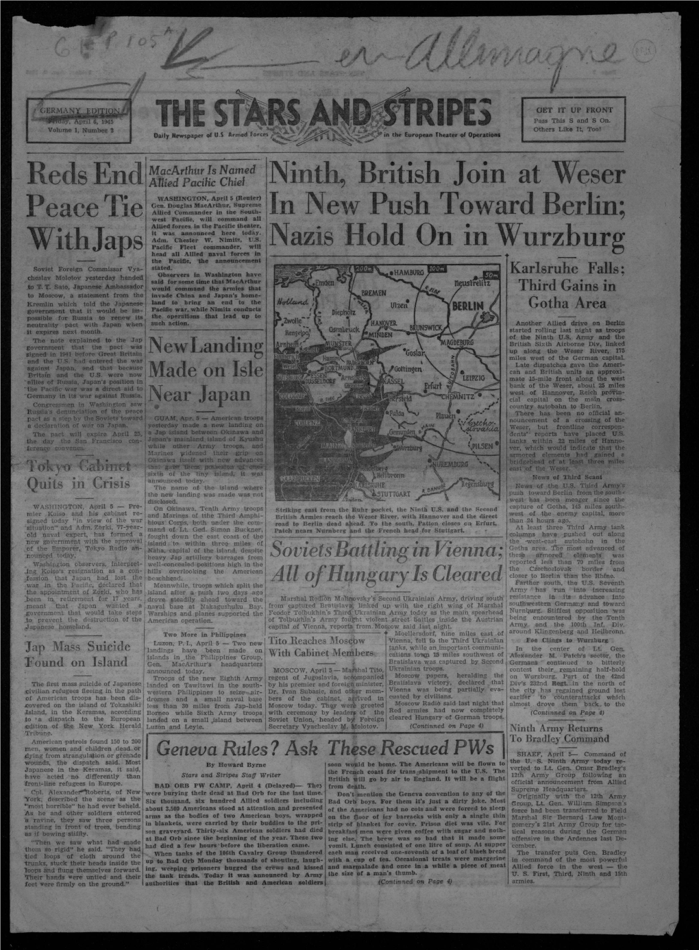 Nazis Hold on in Wurzburg Head All Allied Naval Forces in the Pacific, the Announcement Soviet Foreign Commissar Vya- Stated