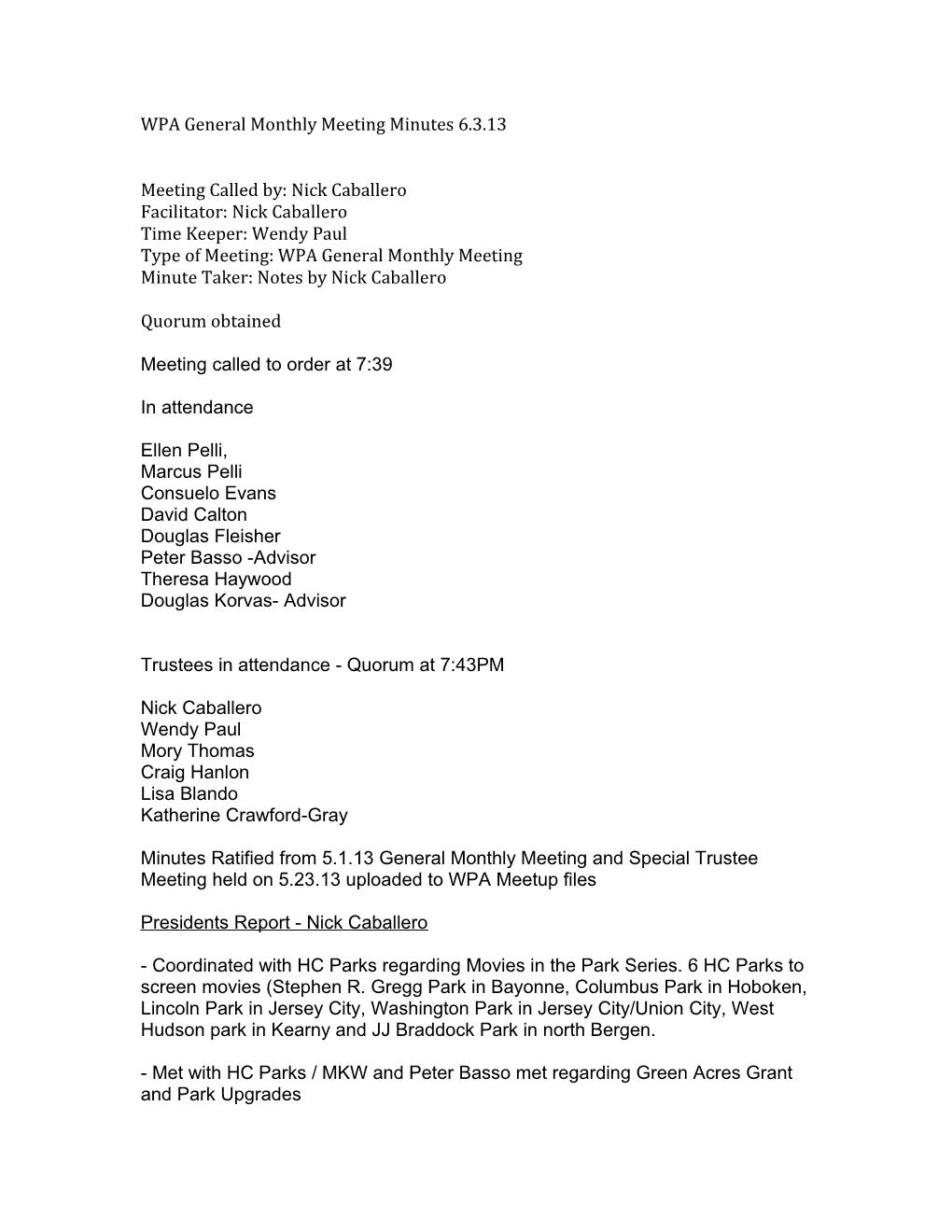 WPA General Monthly Meeting Minutes 6.3.13