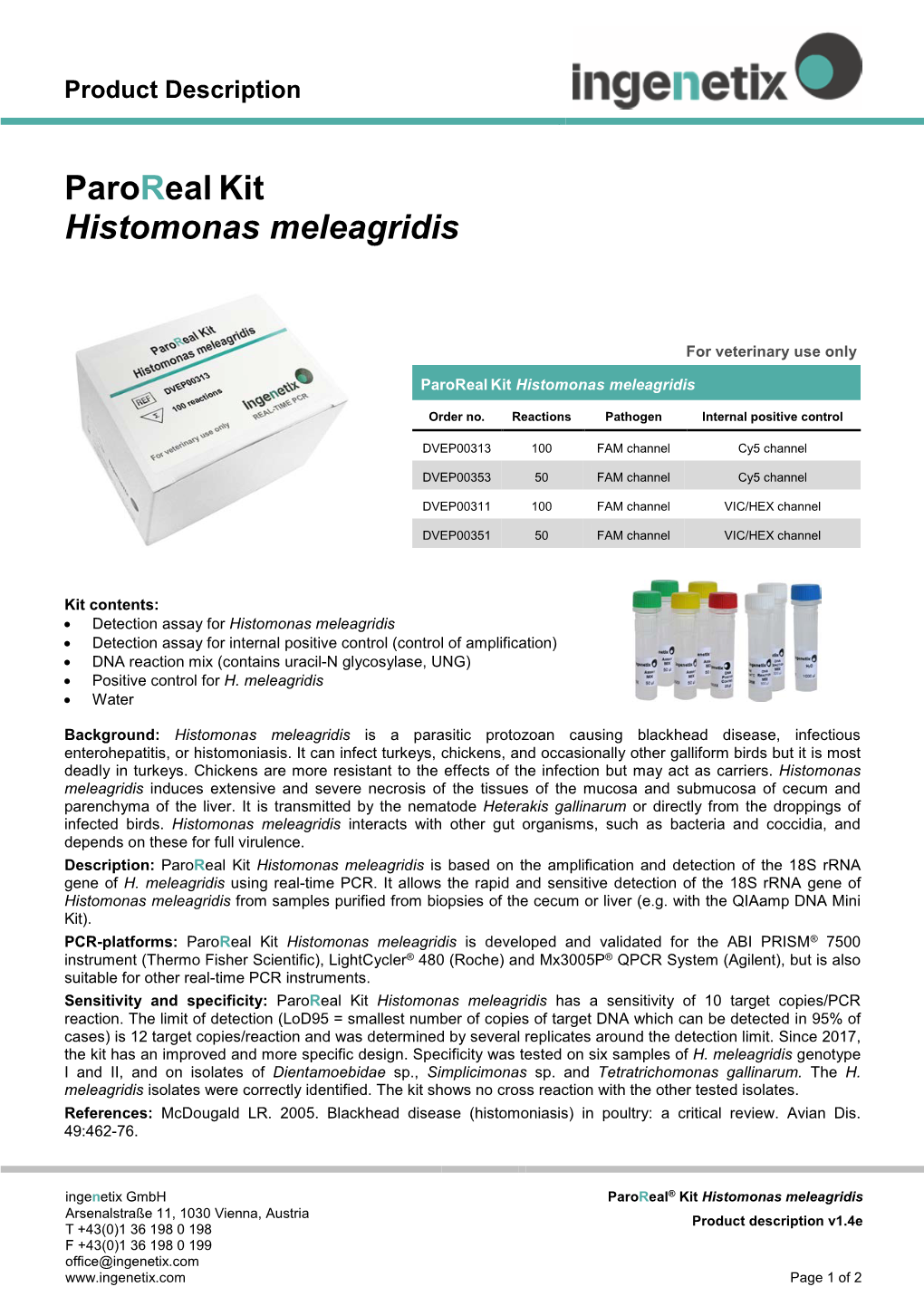 Product Description EN Paroreal Kit Histomonas Meleagridis