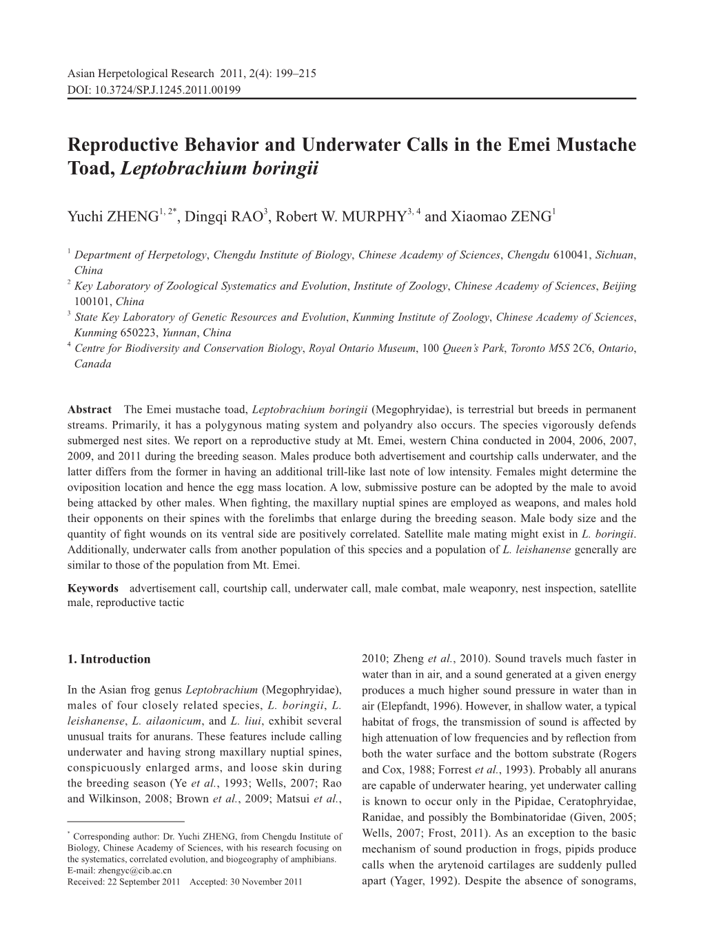 Reproductive Behavior and Underwater Calls in the Emei Mustache Toad, Leptobrachium Boringii