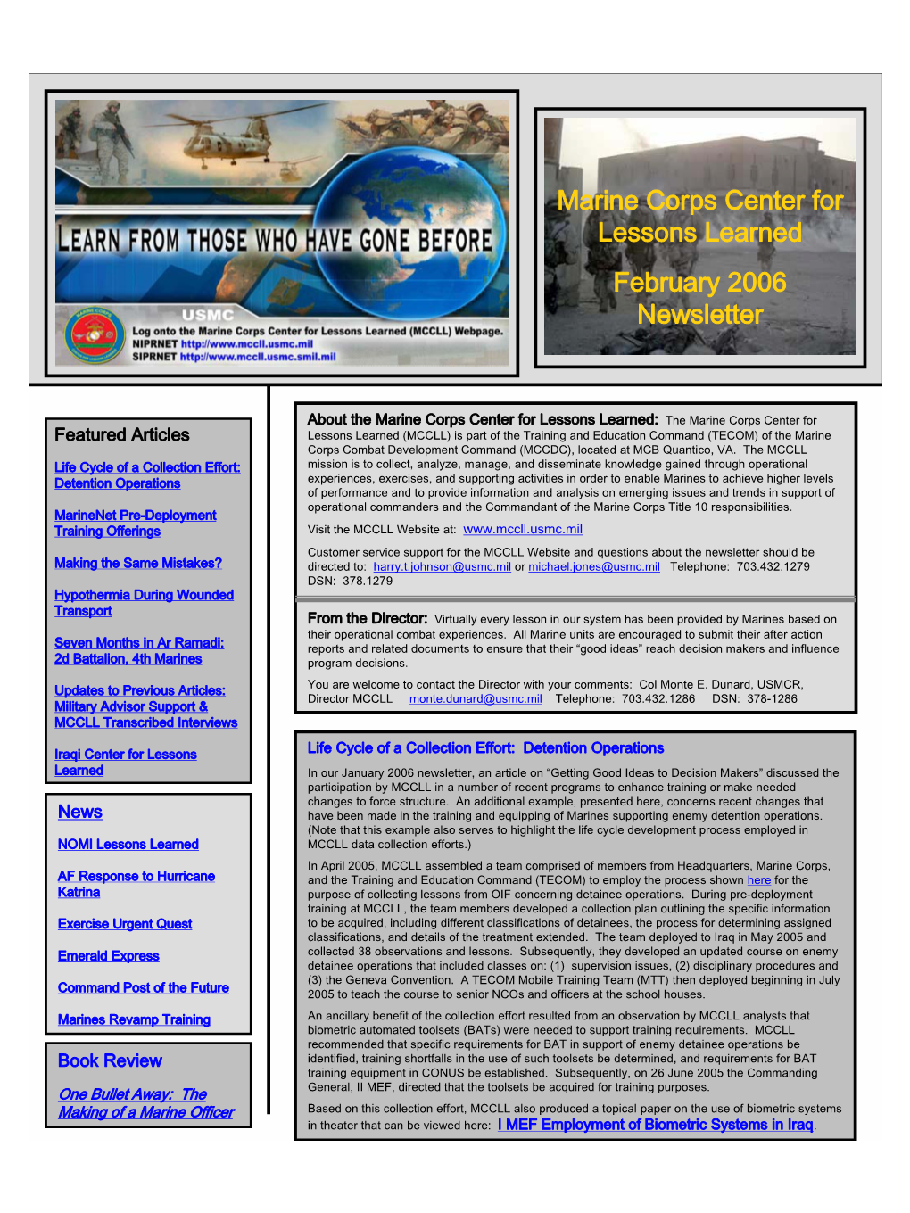 Marine Corps Center for Lessons Learned February 2006 Newsletter