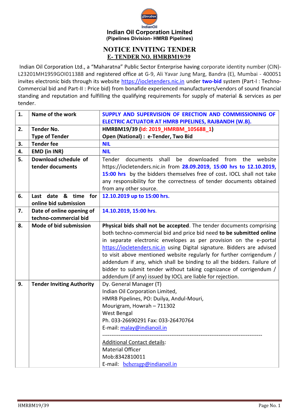 Notice Inviting Tender E- Tender No