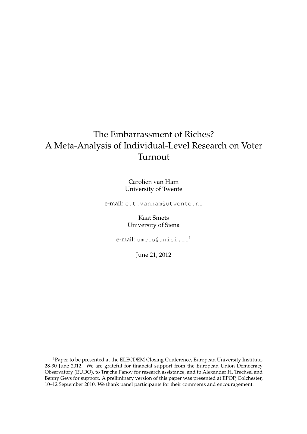 A Meta-Analysis of Individual-Level Research on Voter Turnout