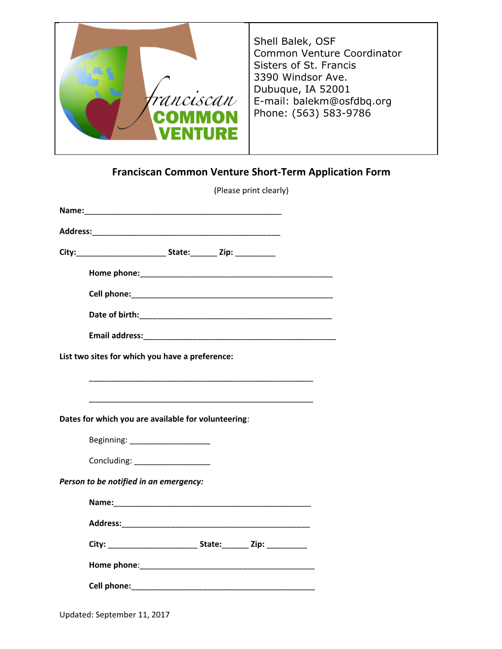 Franciscan Common Venture Short-Term Application Form