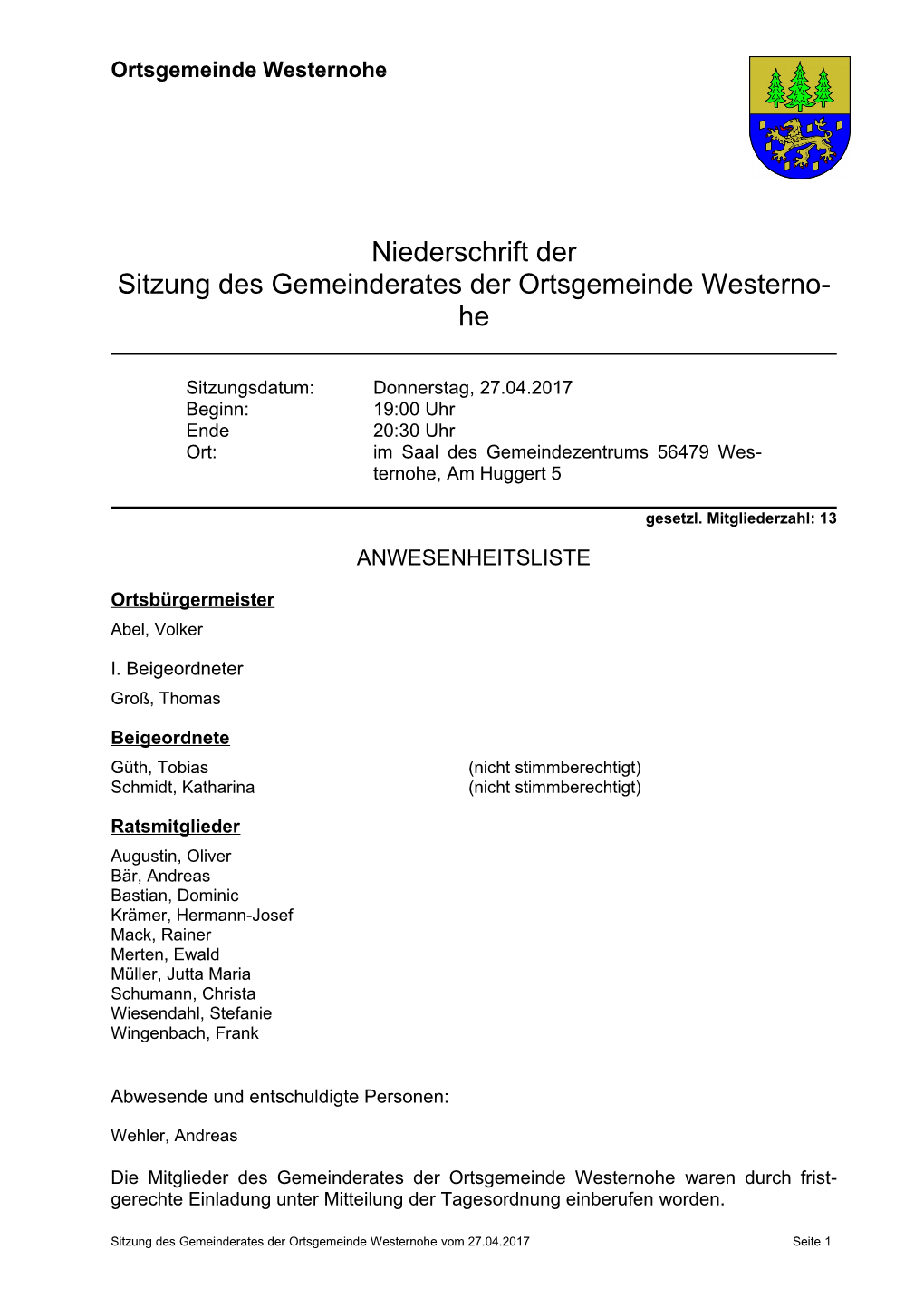 Niederschrift Der Sitzung Des Gemeinderates Der Ortsgemeinde Westerno- He