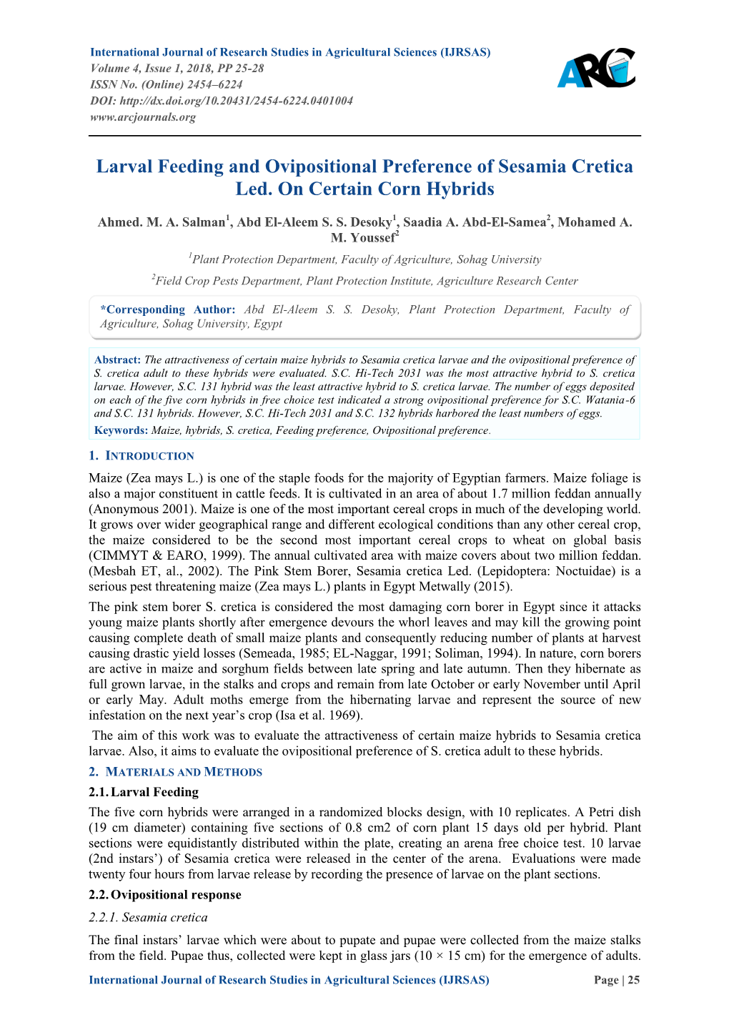 Larval Feeding and Ovipositional Preference of Sesamia Cretica Led