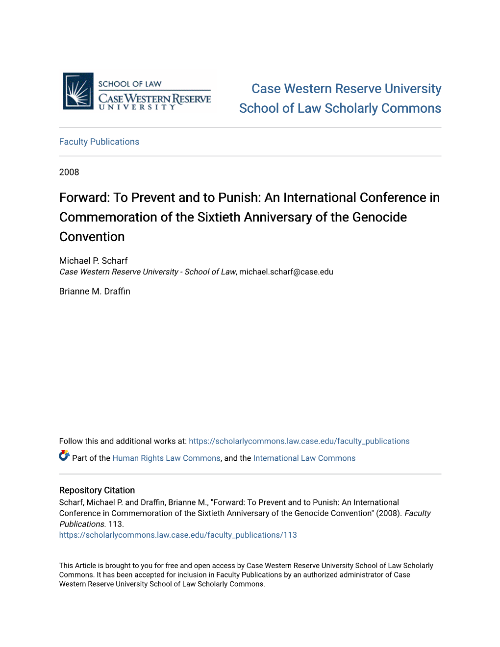 Forward: to Prevent and to Punish: an International Conference in Commemoration of the Sixtieth Anniversary of the Genocide Convention