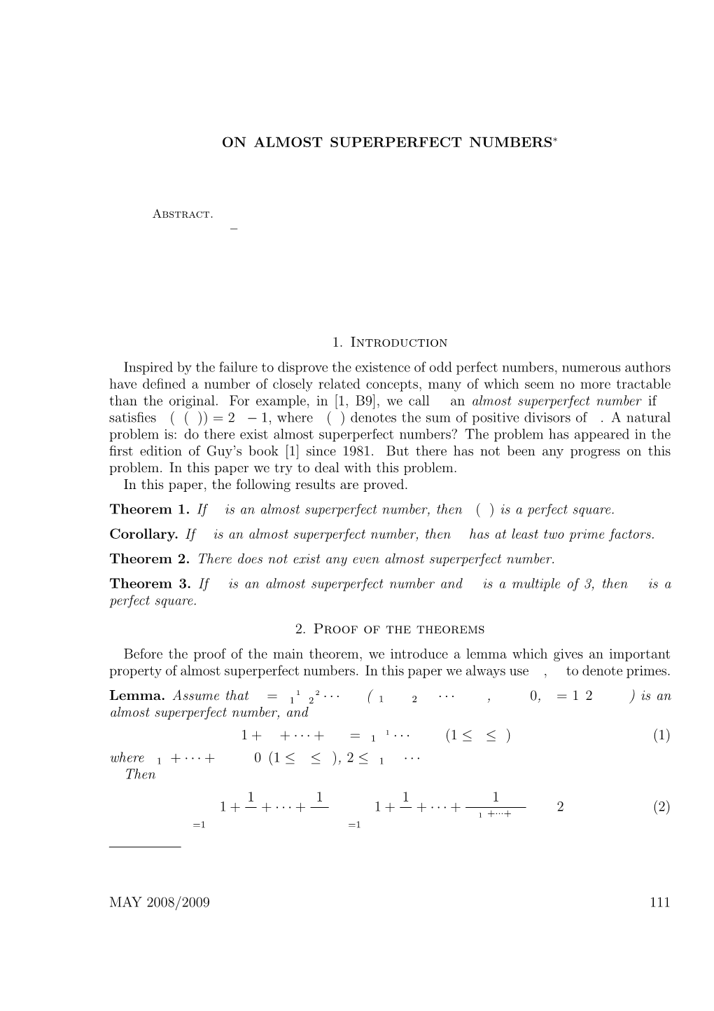 ON ALMOST SUPERPERFECT NUMBERS∗ 1. Introduction