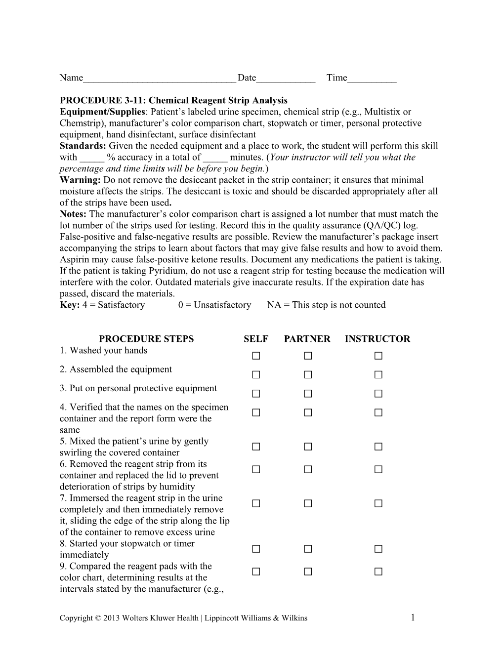 PROCEDURE 3-11: Chemical Reagent Strip Analysis