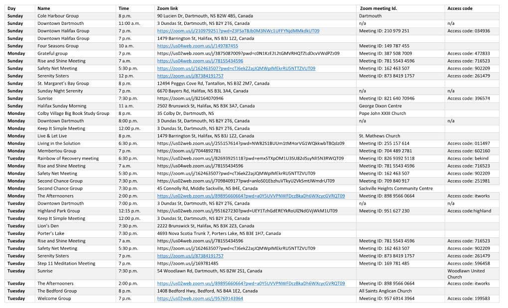 Day Name Time Zoom Link Zoom Meeting Id. Access Code Sunday