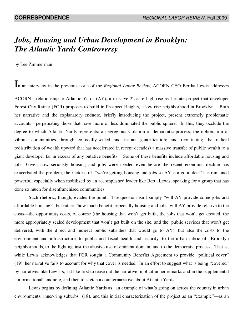 Jobs, Housing and Urban Development in Brooklyn: the Atlantic Yards Controversy by Lee Zimmerman