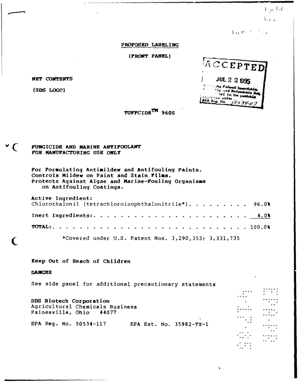 U.S. EPA, Pesticide Product Label, TUFFCIDE 960S, 07/22/1985