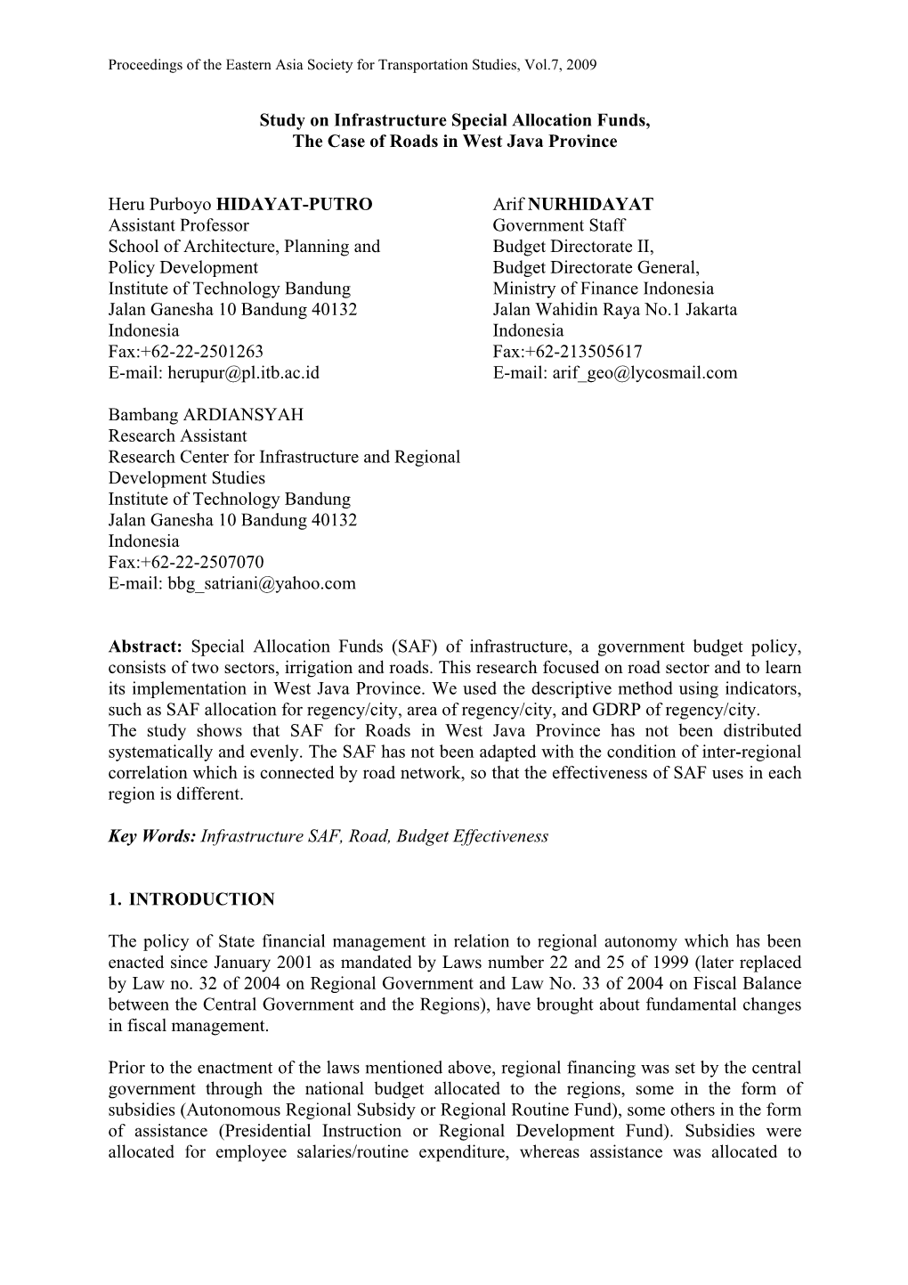 Study on Infrastructure Special Allocation Funds, the Case of Roads in West Java Province