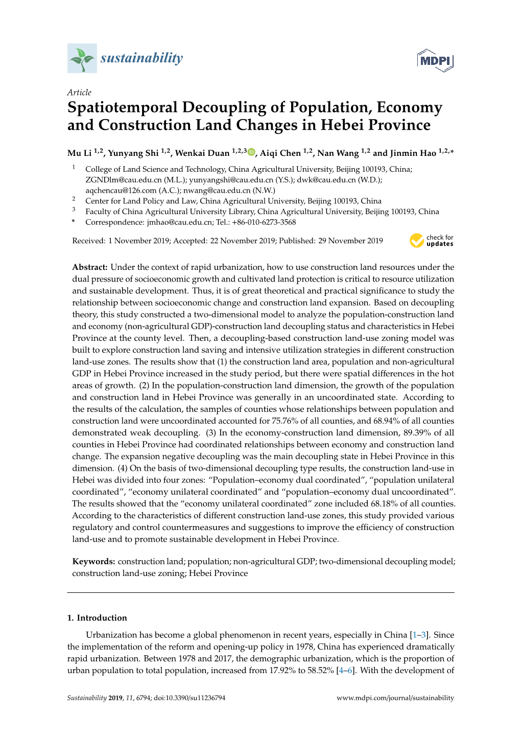 Spatiotemporal Decoupling of Population, Economy and Construction Land Changes in Hebei Province