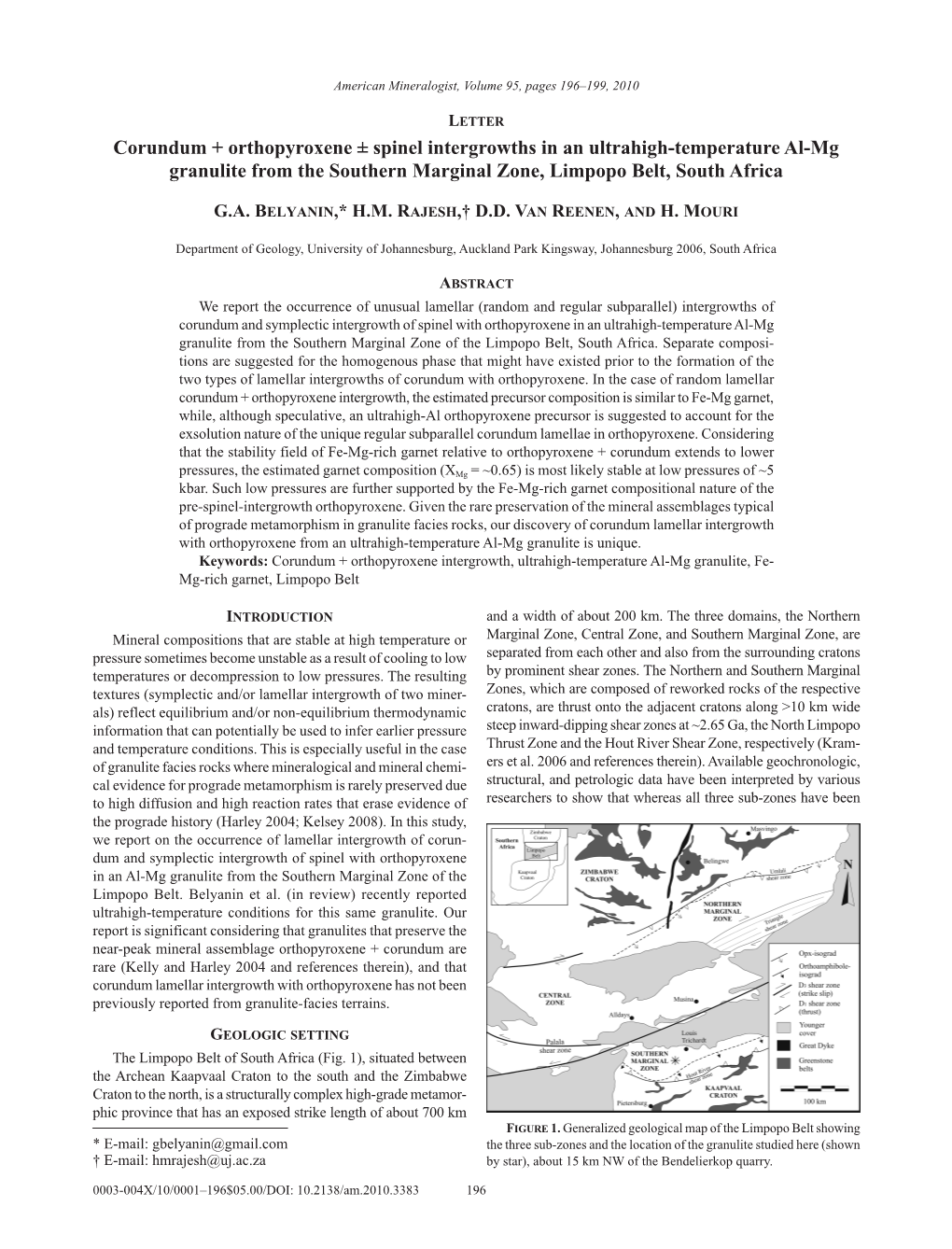 Corundum + Orthopyroxene ± Spinel Intergrowths in an Ultrahigh Temperature Al-Mg Granulite from the Southern Marginal Zone