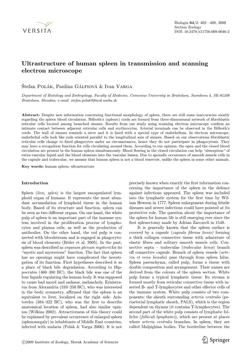 Ultrastructure of Human Spleen in Transmission and Scanning Electron Microscope