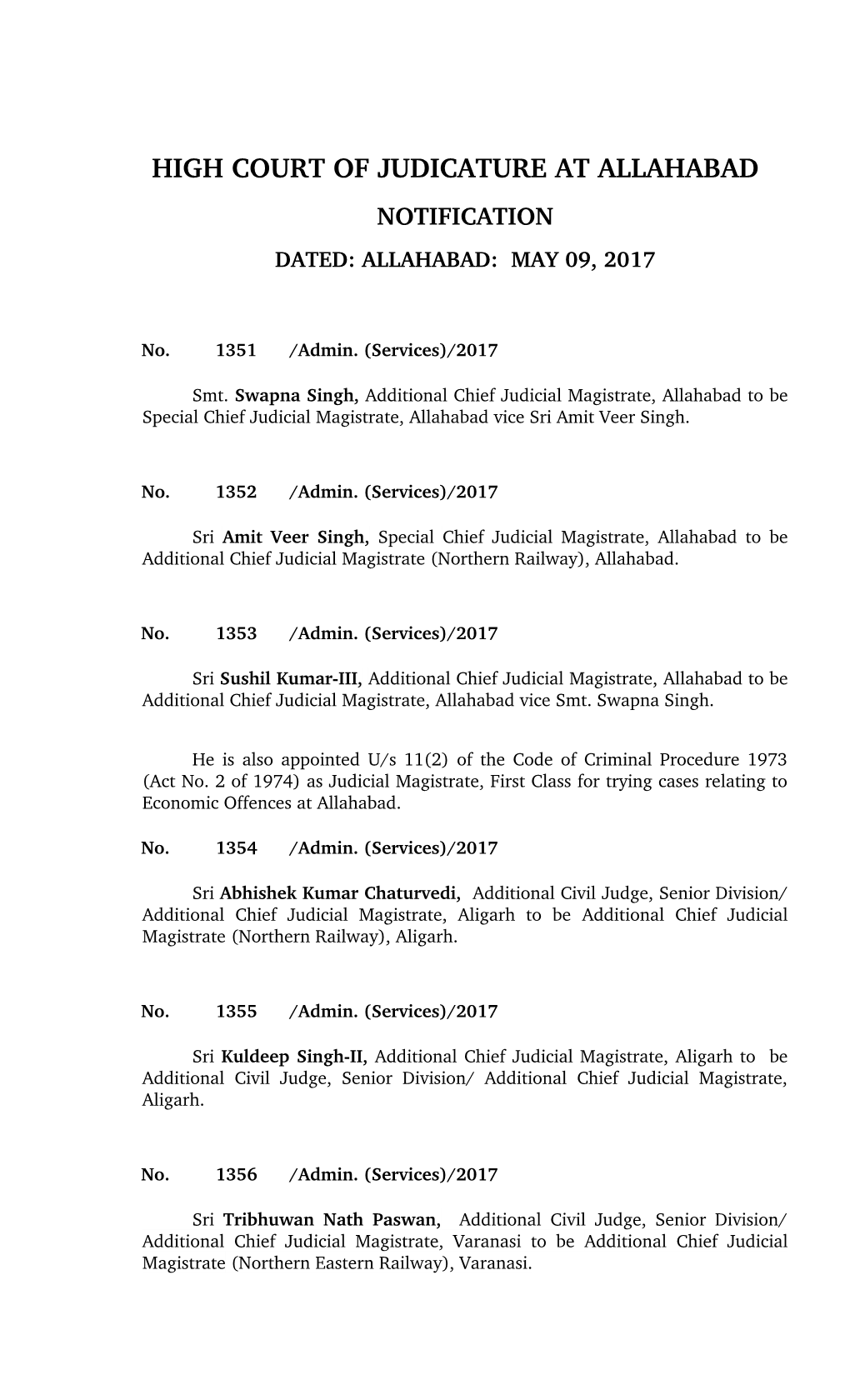 High Court of Judicature at Allahabad Notification Dated: Allahabad: May 09, 2017