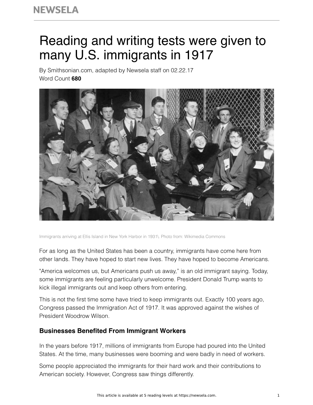 Reading and Writing Tests Were Given to Many U.S. Immigrants in 1917 by Smithsonian.Com, Adapted by Newsela Staff on 02.22.17 Word Count 680