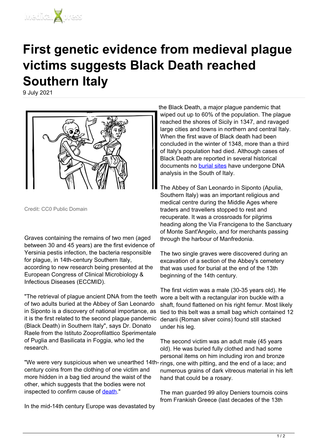 First Genetic Evidence from Medieval Plague Victims Suggests Black Death Reached Southern Italy 9 July 2021