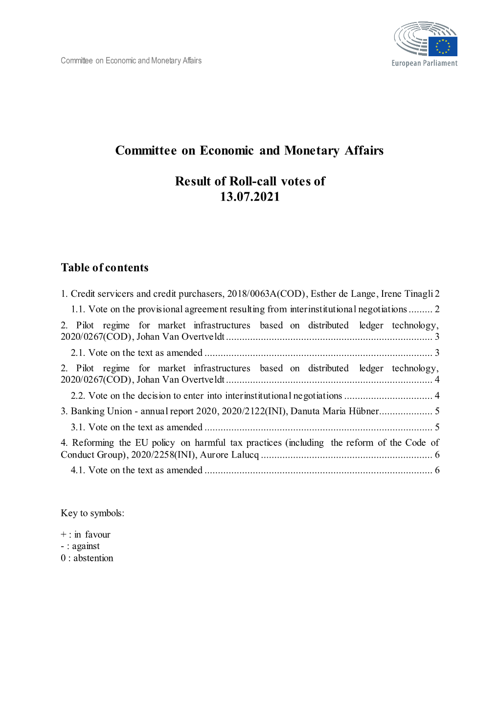 Committee on Economic and Monetary Affairs Result of Roll-Call